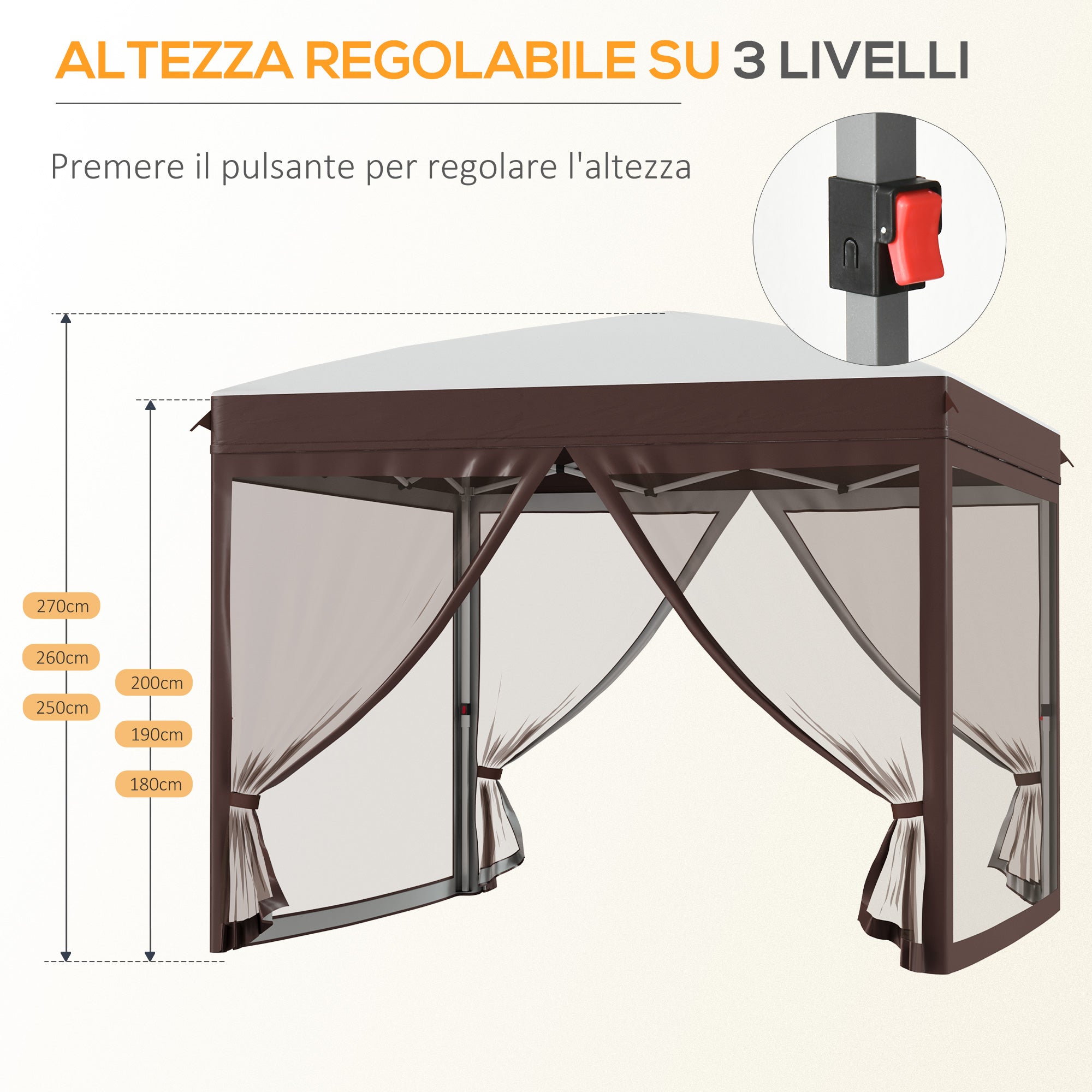 Gazebo da Giardino 3x3x2,7m con Zanzariera in Acciaio e Tessuto Oxford Crema e Caffè