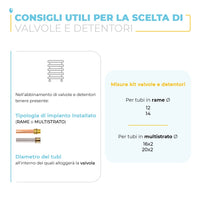 Valvola e detentore bianco con termostato liquido e raccordi per multistrato 20x2