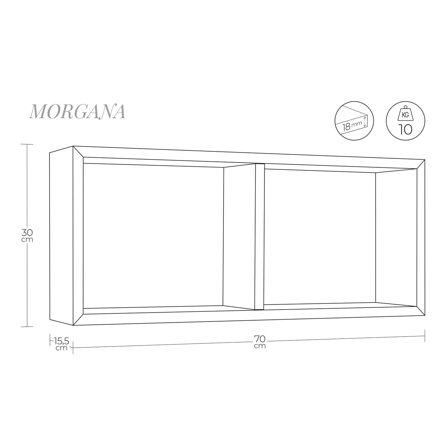 Mensola da parete 2 scomparti colore Nero 70x30 cm mod. Morgana