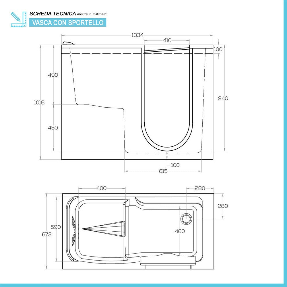 Vasca con seduta e sportello per anziani e disabili 133x67x101 cm apertura destra