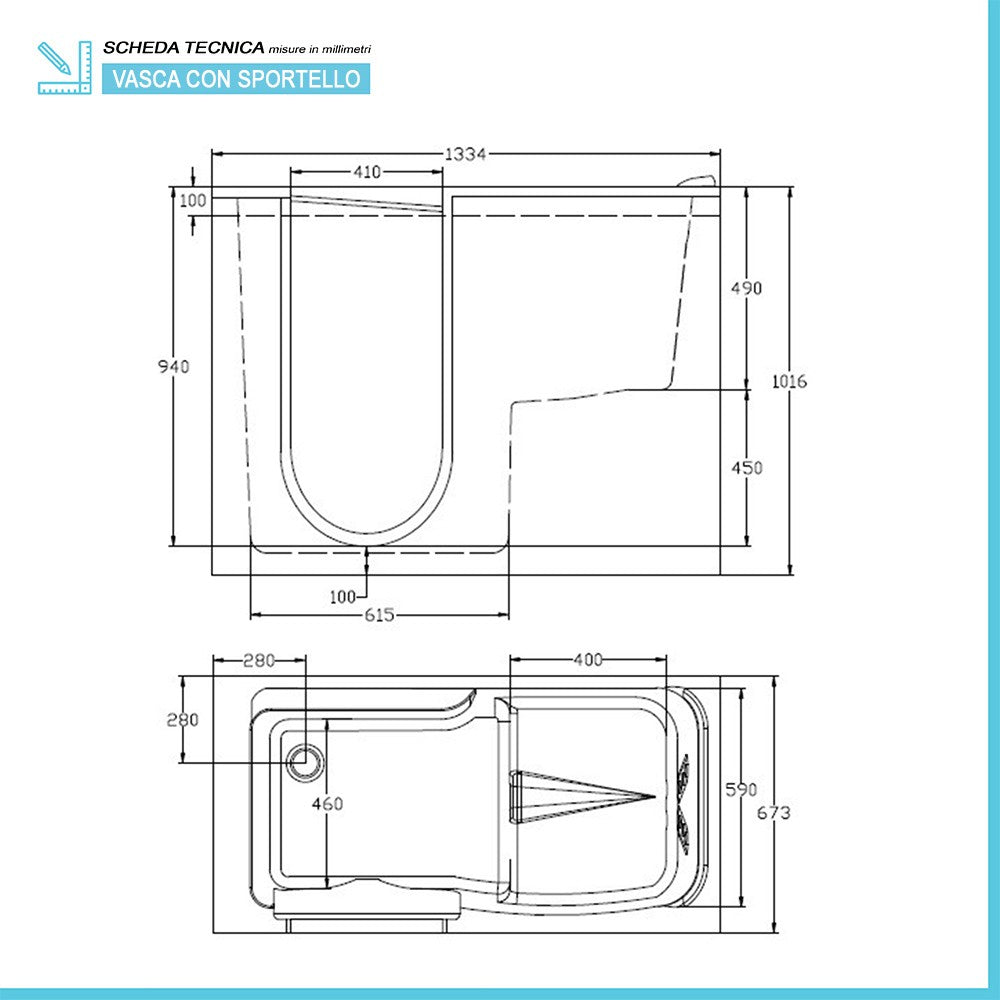 Vasca con seduta e sportello per anziani e disabili 133x67x101 cm apertura sinistra