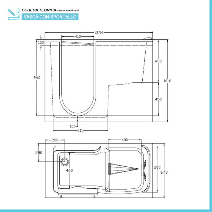 Vasca con seduta e sportello per anziani e disabili 133x67x101 cm apertura sinistra