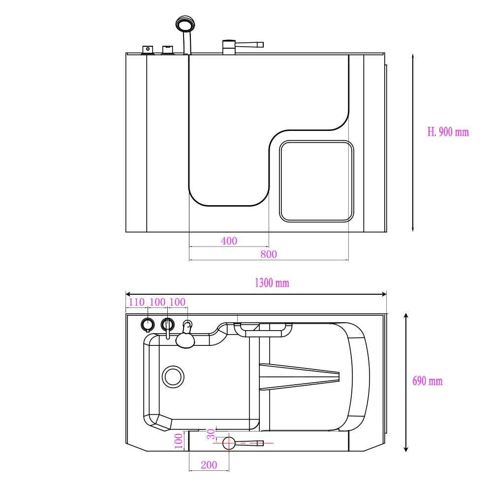 Vasca con sportello per anziani e disabili 130x90 cm apertura a sinistra