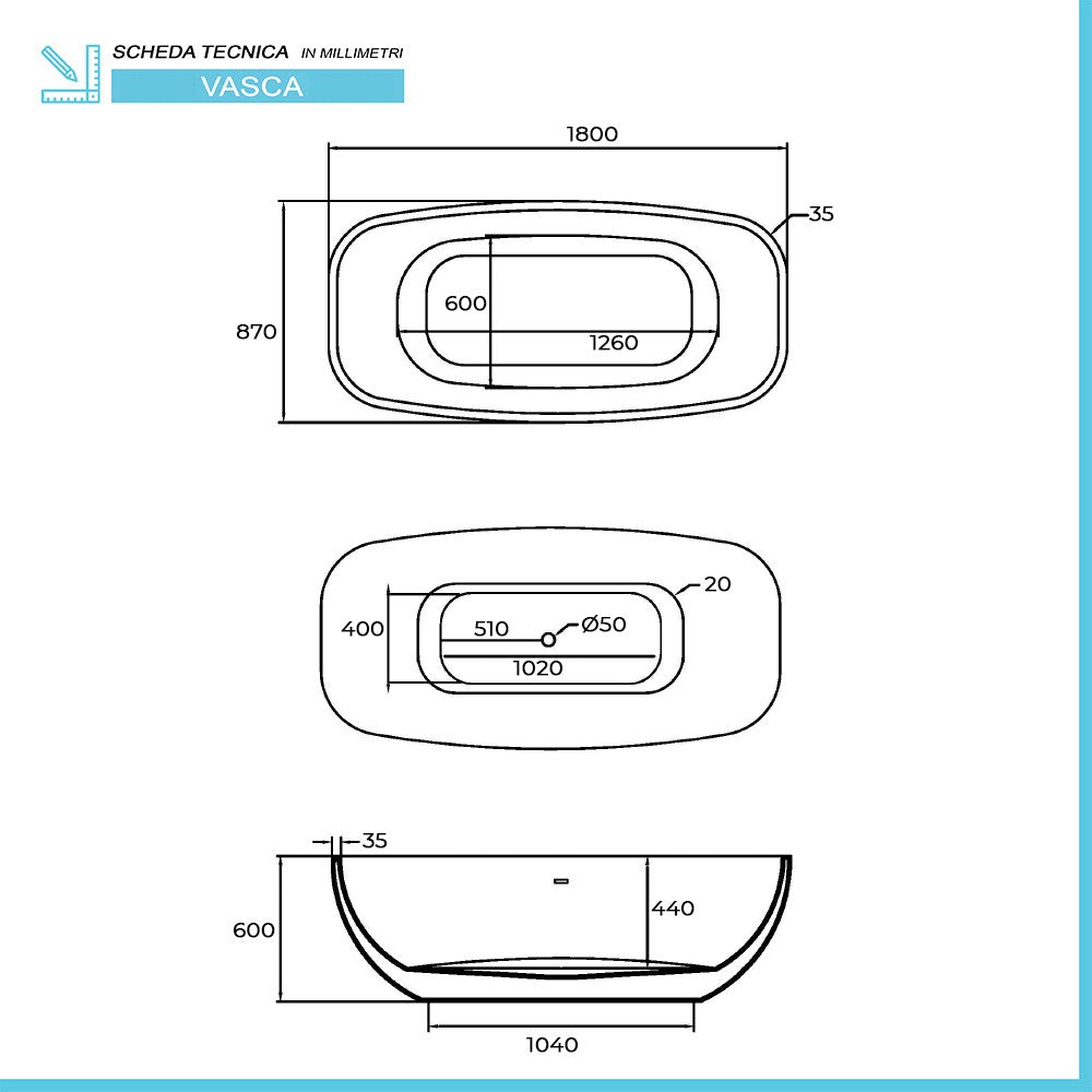 Vasca da bagno freestanding 180x87 per centro stanza modello Giada