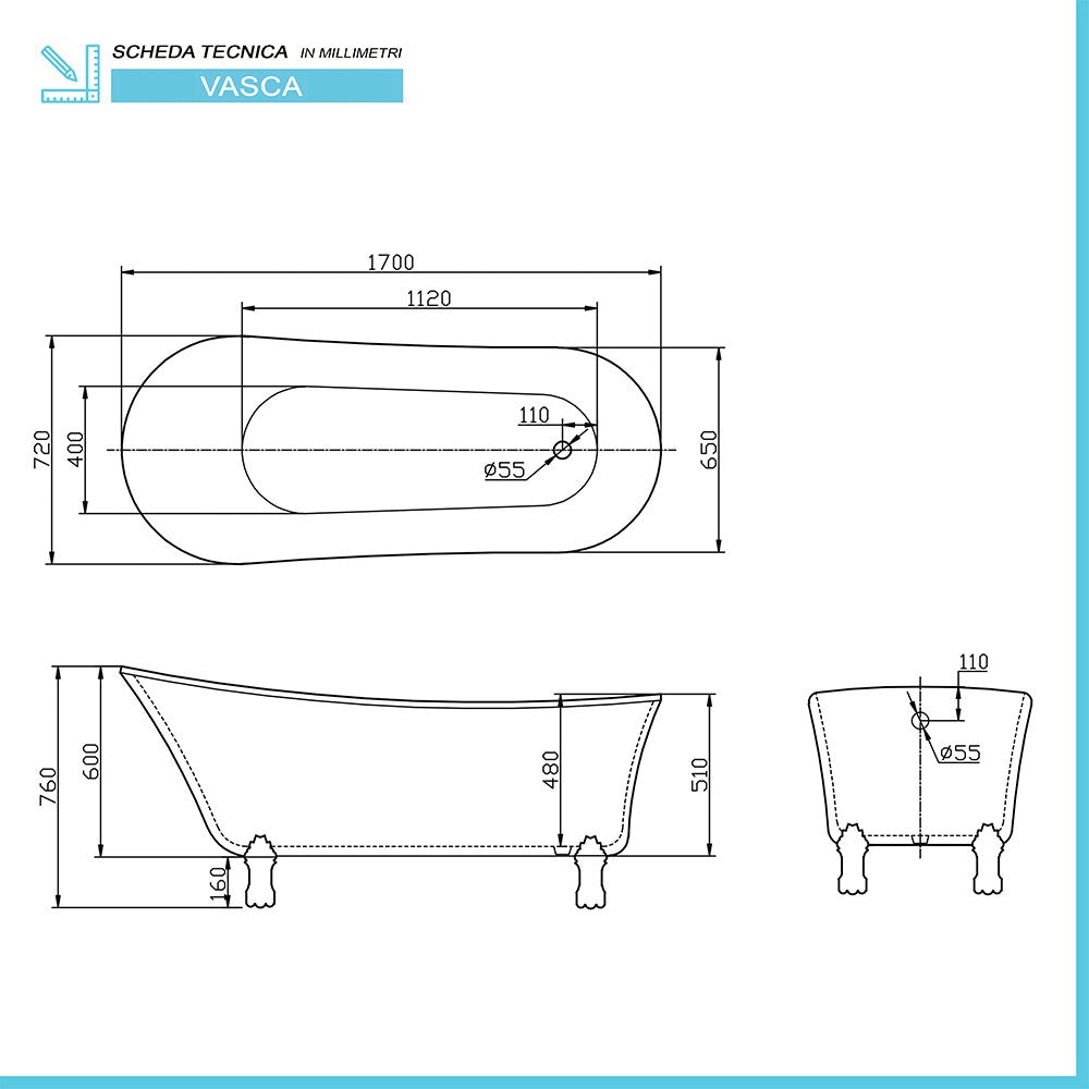 Vasca da bagno freestanding classica 170x72 Piedini cromo a zampa di leone regolabili Samantha