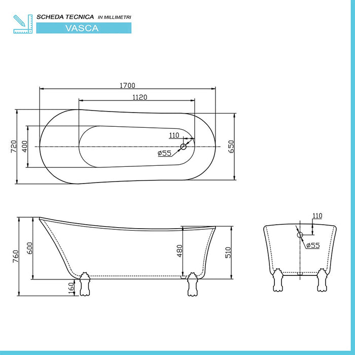 Vasca da bagno freestanding classica 170x72 Piedini cromo a zampa di leone regolabili Samantha