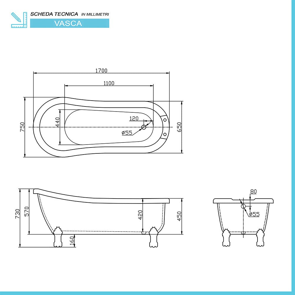 Vasca da bagno freestanding classica 170x75 con Piedini cromo a zampa d'aquila regolabili Mary