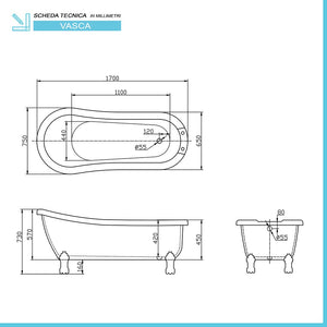 Vasca da bagno freestanding classica 170x75 con Piedini cromo a zampa d'aquila regolabili Mary