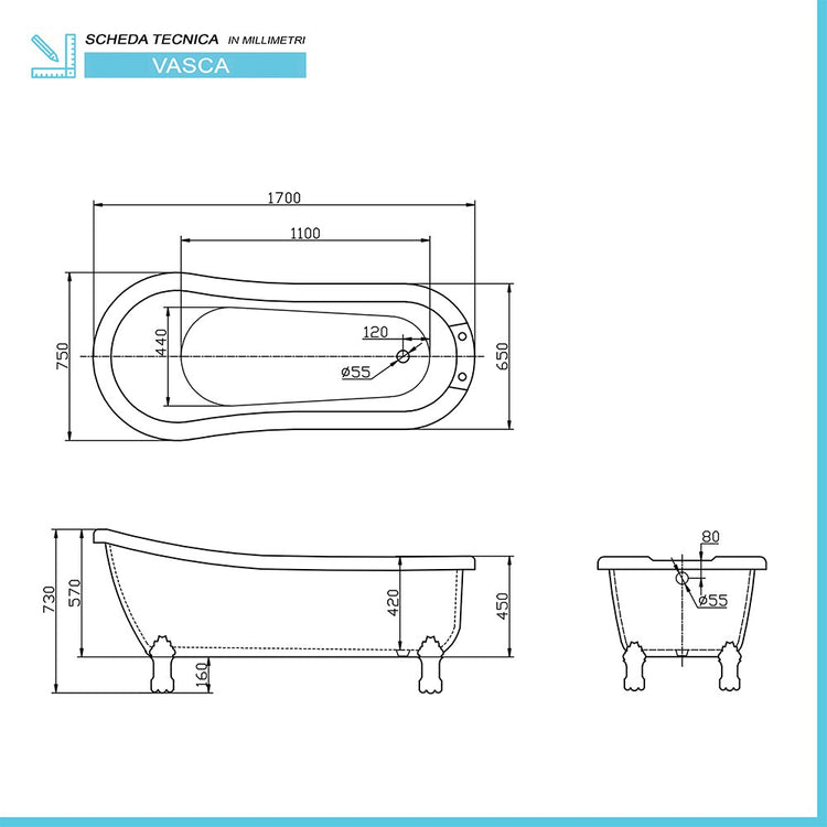 Vasca da bagno freestanding classica 170x75 con Piedini cromo a zampa d'aquila regolabili Mary