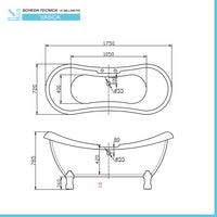 Vasca da bagno freestanding classica 175x72 con Piedini cromo a zampa d'aquila regolabili Elizabeth