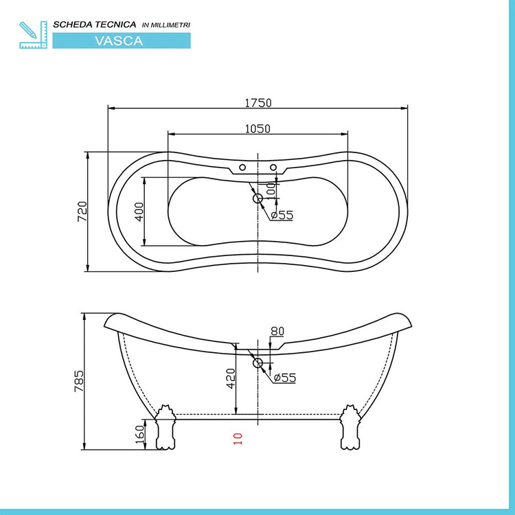 Vasca da bagno freestanding classica 175x72 con Piedini cromo a zampa d'aquila regolabili Elizabeth