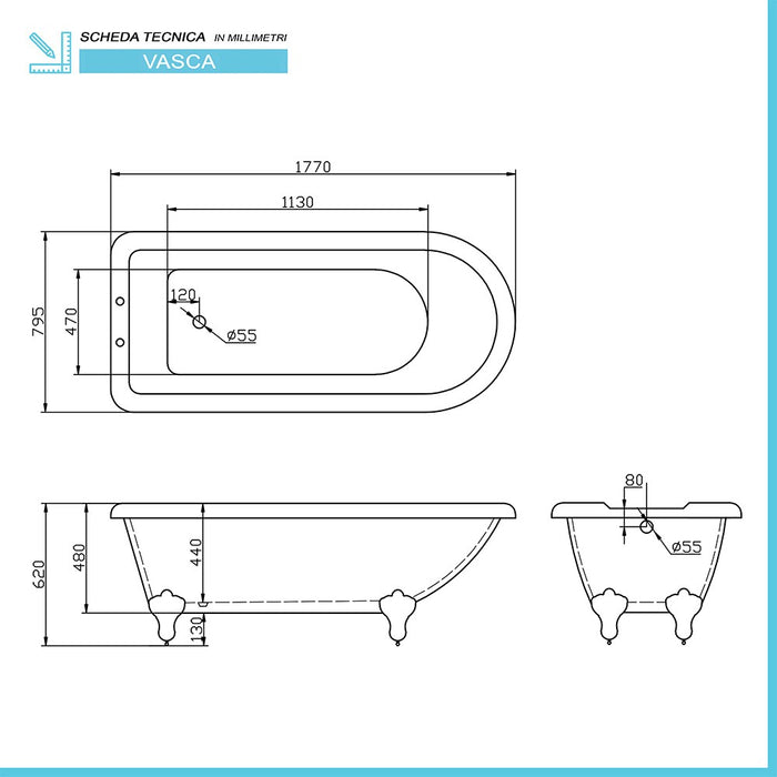 Vasca da bagno freestanding classica 177x79,5 Piedini cromo a zampa d'aquila regolabili Ann