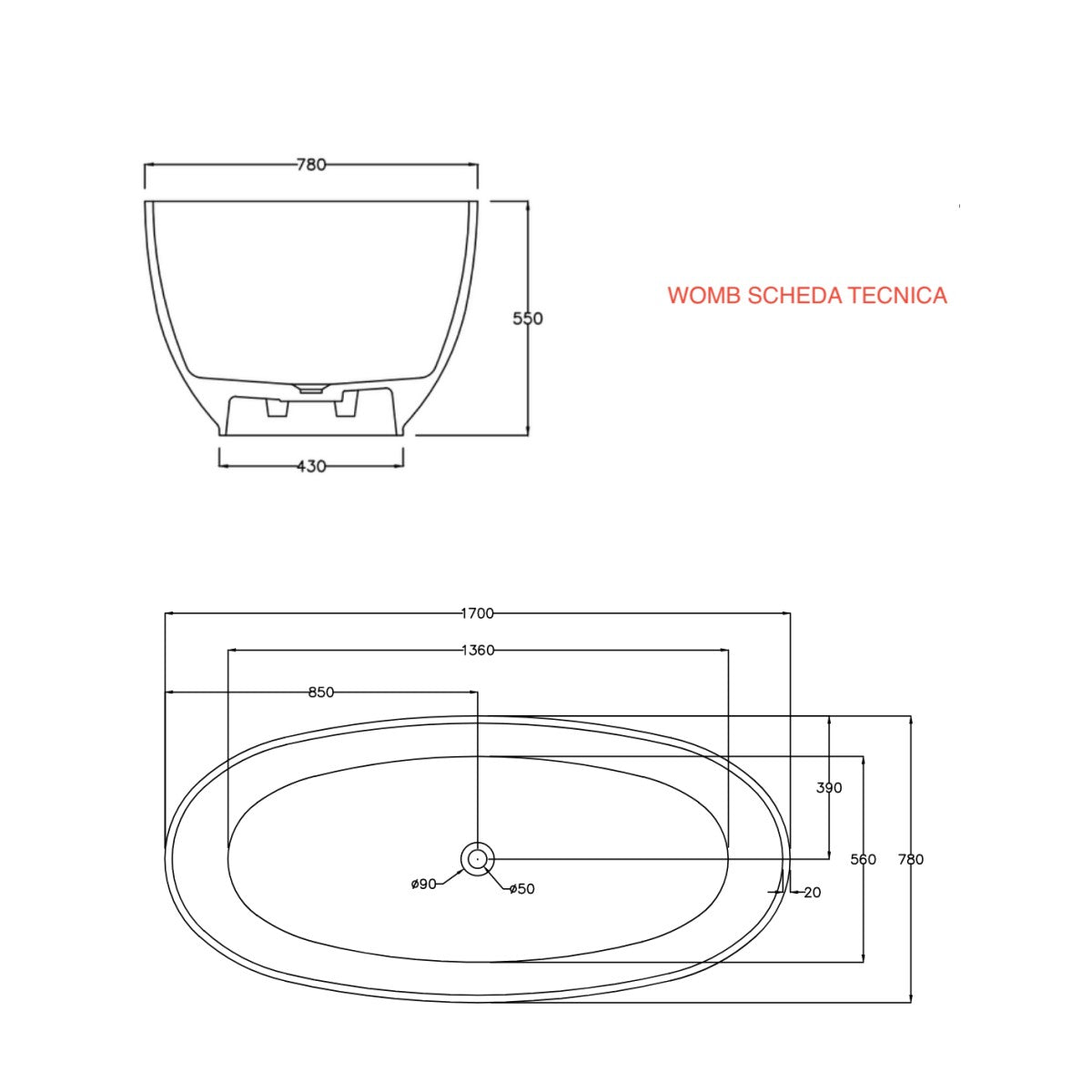 Vasca da bagno freestanding in resina colorata trasparente womb, colore quarzo fumè