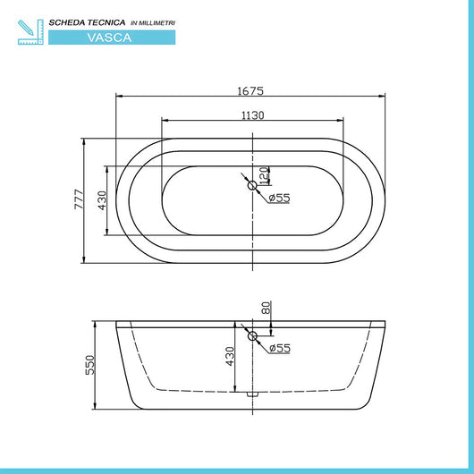 Vasca da bagno freestanding moderna 167,5x77,7 Piedini interni regolabili Alexandra Small