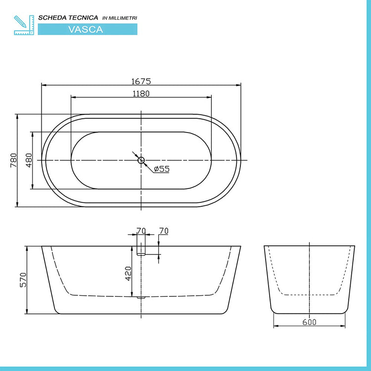 Vasca da bagno freestanding moderna 167,5x78 Piedini interni regolabili Alexandra II Small