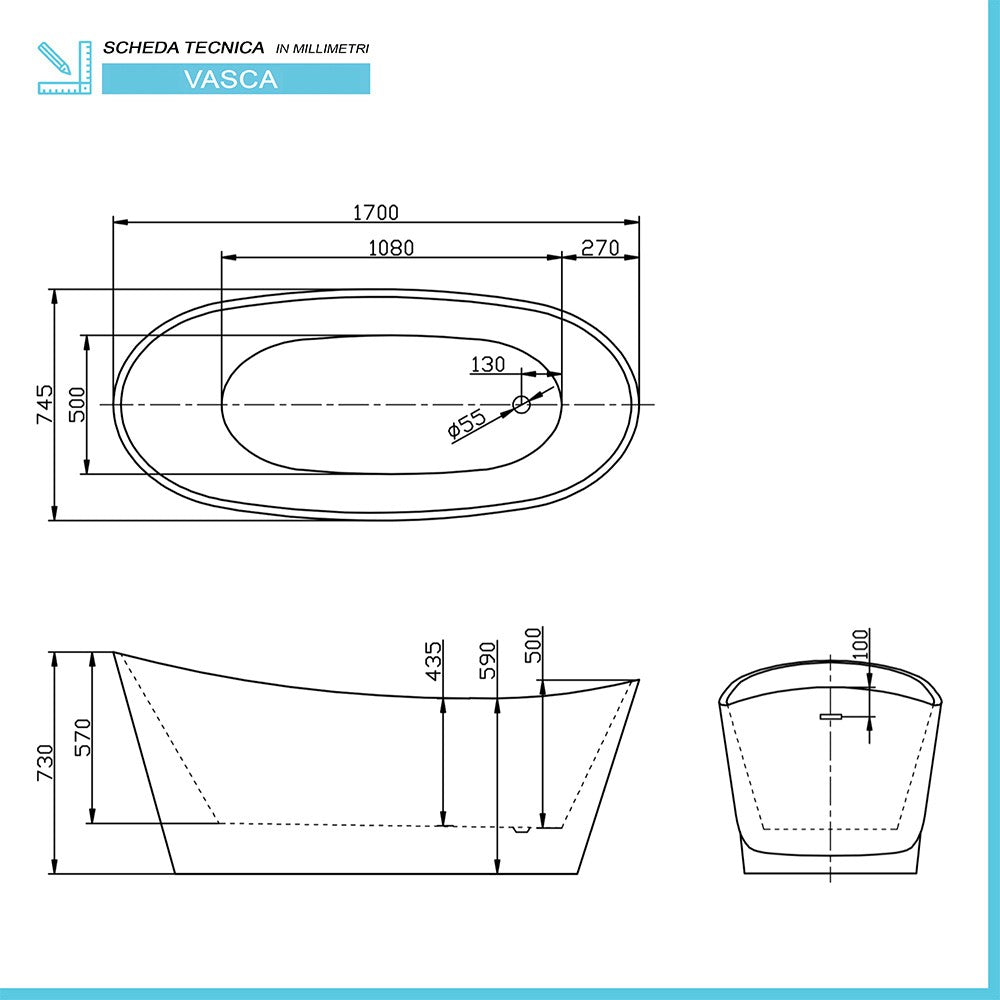 Vasca da bagno freestanding moderna 170x74,5 con Piedini interni regolabili Monique