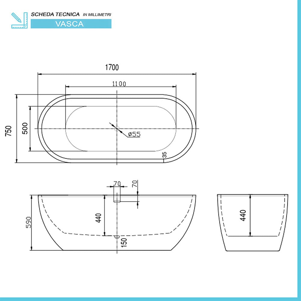 Vasca da bagno freestanding moderna 170x75 Piedini interni regolabili Chantal II