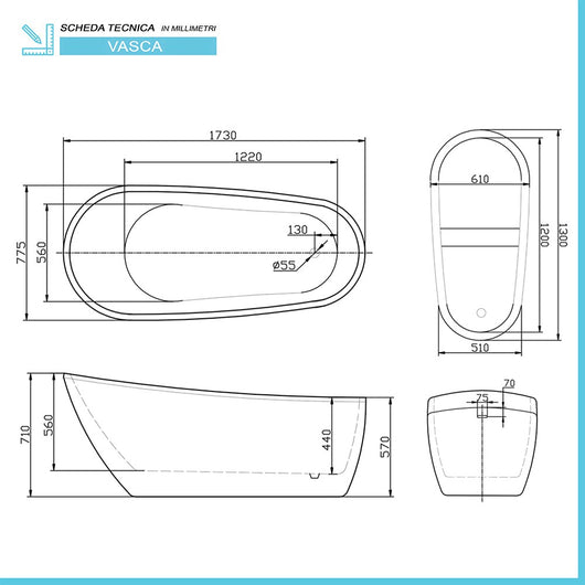 Vasca da bagno freestanding moderna 173x77,5 Piedini interni regolabili Antalia