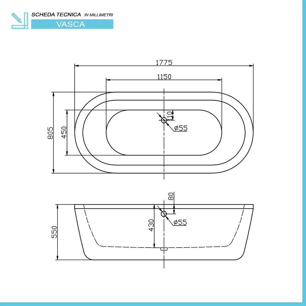 Vasca da bagno freestanding moderna 177,5x80,5 Piedini interni regolabili Alexandra