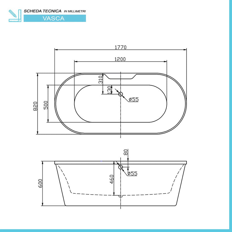 Vasca da bagno freestanding moderna 177x82 Piedini interni regolabili Scarico incluso Audrey