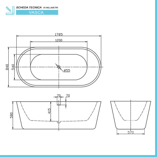 Vasca da bagno freestanding moderna 178,5x84 con Piedini interni regolabili Alexandra II