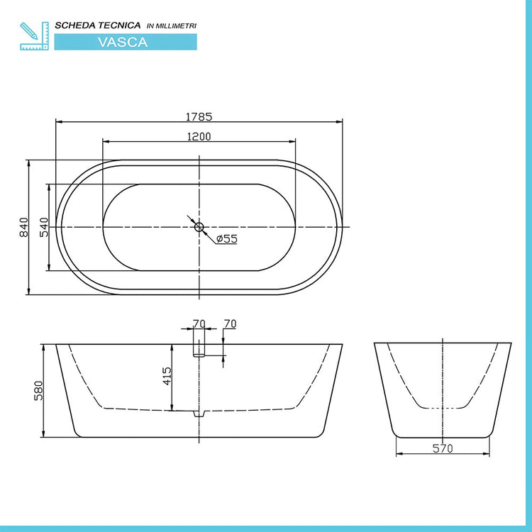 Vasca da bagno freestanding moderna 178,5x84 con Piedini interni regolabili Alexandra II