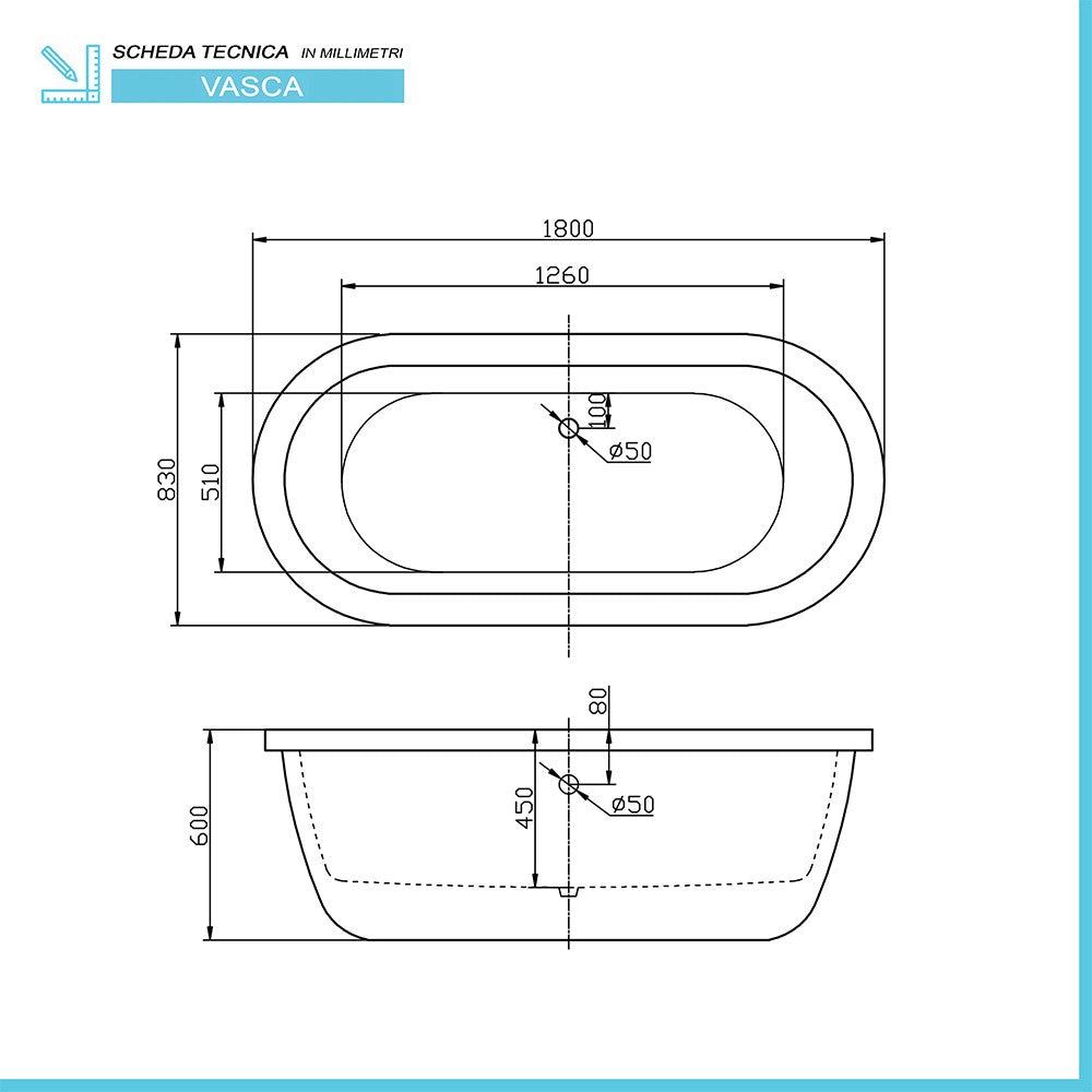 Vasca da bagno freestanding moderna 180x83 Piedini interni regolabili Allison