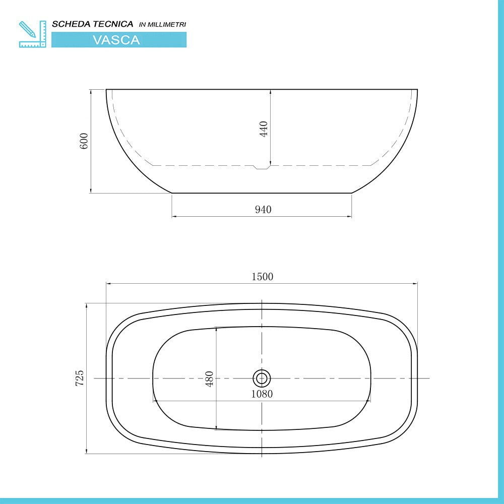 Vasca da bagno freestanding ovale 72,5x150 cm con scarico incluso Giada 