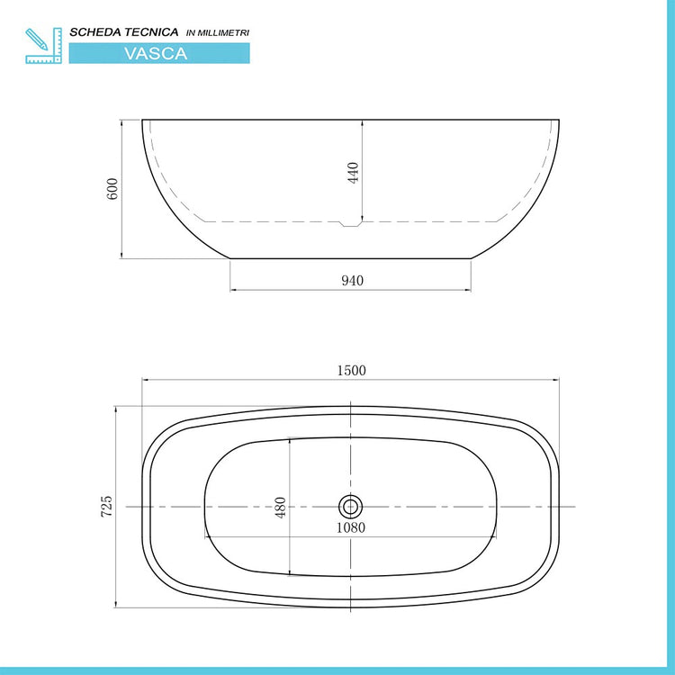 Vasca da bagno freestanding ovale 72,5x150 cm con scarico incluso Giada 