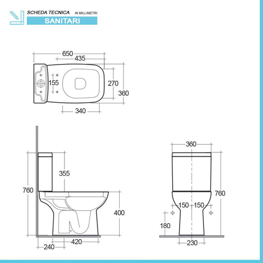 Vaso monoblocco tradizionale scarico a terra serie Origin completo di sedile