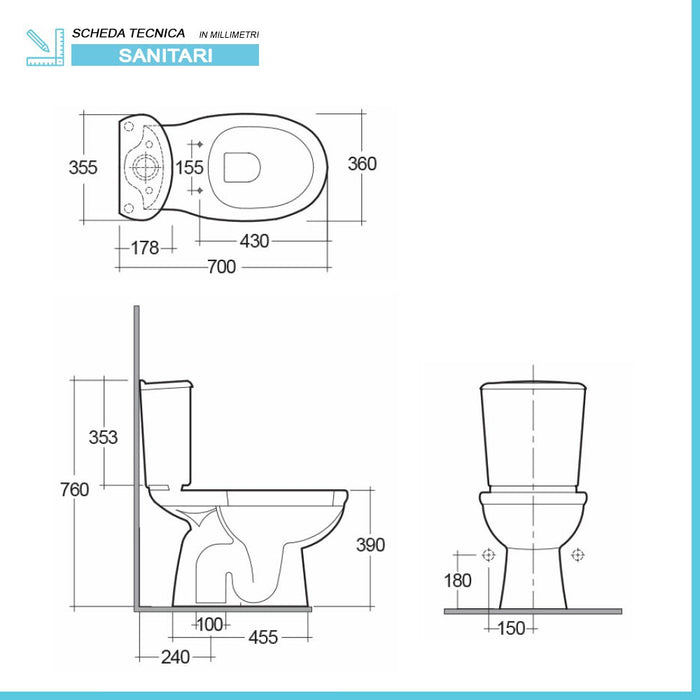 Vaso monoblocco tradizionale scarico pavimento serie Karla completo di sedile