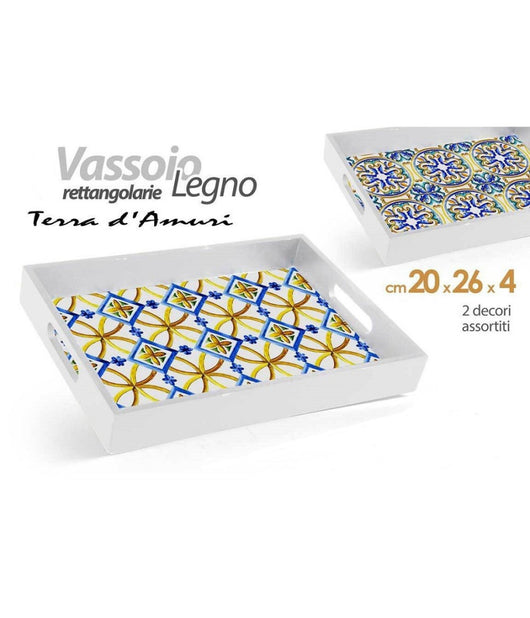 Vassoio Portata Rettangolare Legno 20x26x4cm Con Manici 2 Decori Mosaico 822124         