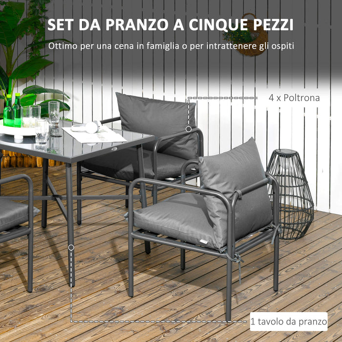 Set Tavolo e 4 Sedie da Giardino in Acciaio con Cuscini Grigio