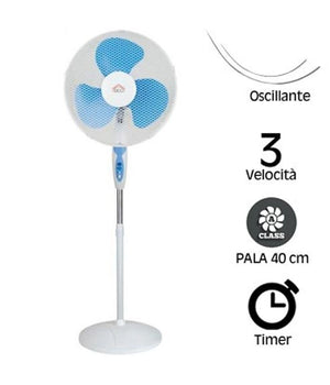 Ventilatore A Piantana Pala 40cm Base Tonda Oscillante 3 Velocità  Timer 65w         