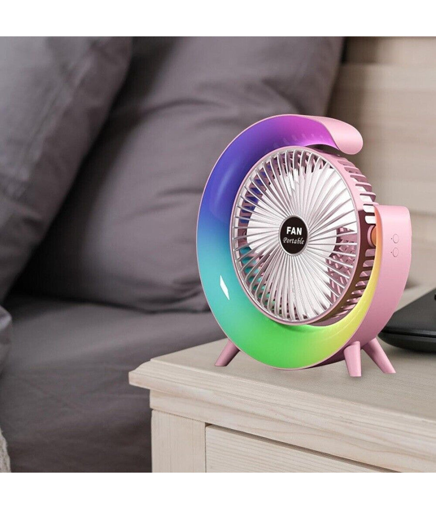 Ventilatore Da Tavolo Usb 3 Velocita' Con Luce Rgb Compatto Silenzioso Portatile         