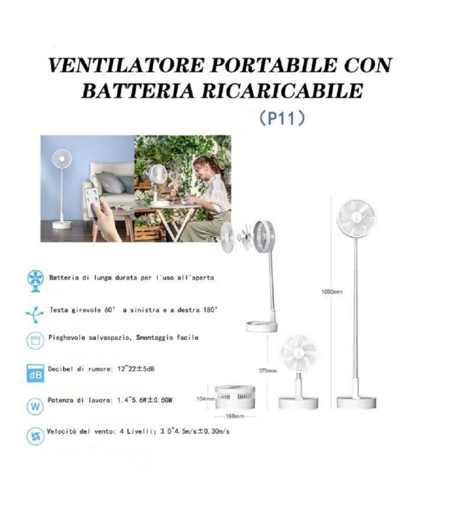 Ventilatore Pieghevole Portatile Batteria Ricaricabile P11 Salvaspazio 4 Velocità          