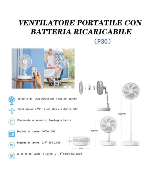 Ventilatore Portatile Con Batteria Ricaricabile P30 Design Pieghevole Salvaspazio         