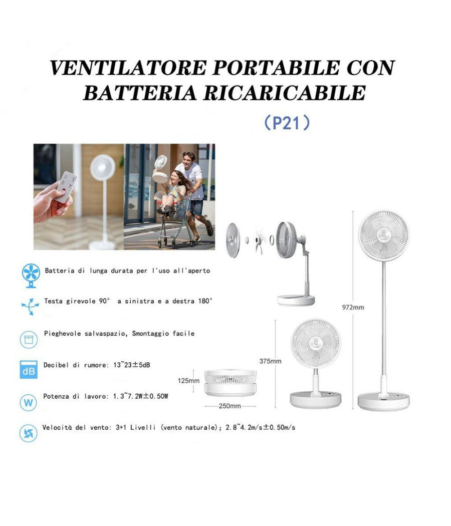 Ventilatore Portatile P21 Batteria Ricaricabile Salvaspazio Pieghevole Silenzioso         