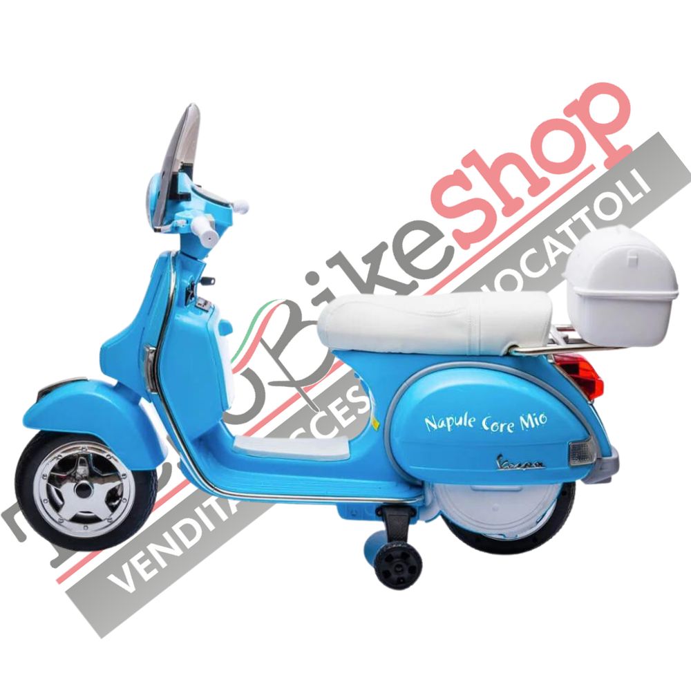 Moto Scooter Elettrico per Bambini Piaggio VESPA PX150 FULL con Parabrezza e Bauletto 12V ( Limited Edition ) colore Azzurro Napoli