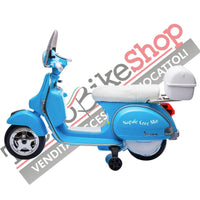 Moto Scooter Elettrico per Bambini Piaggio VESPA PX150 FULL con Parabrezza e Bauletto 12V ( Limited Edition ) colore Azzurro Napoli