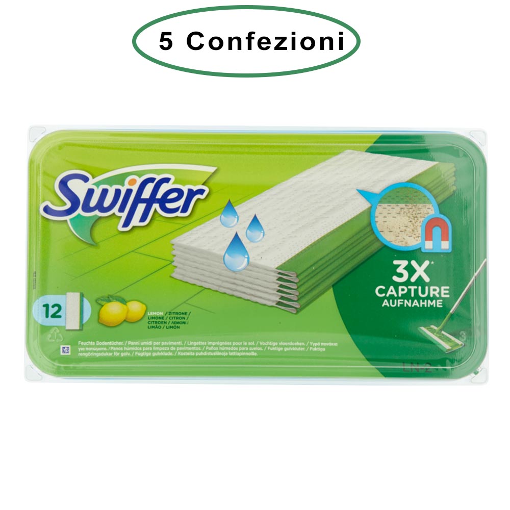 Swiffer wet panni umidi lavapavimenti per scopa al limone 5 confezioni da 12 panni