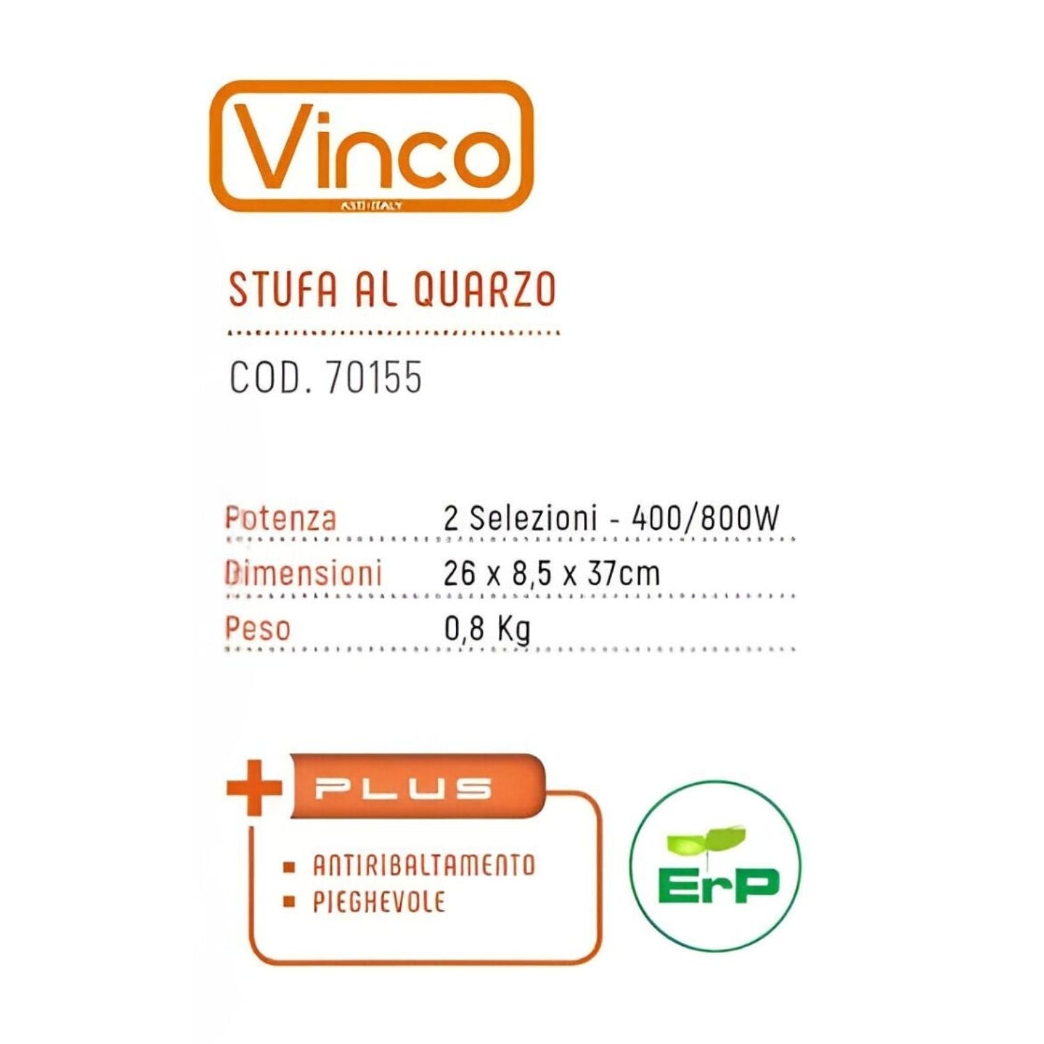 Vinco Stufa Al Quarzo COD.70155 800W - VINCO