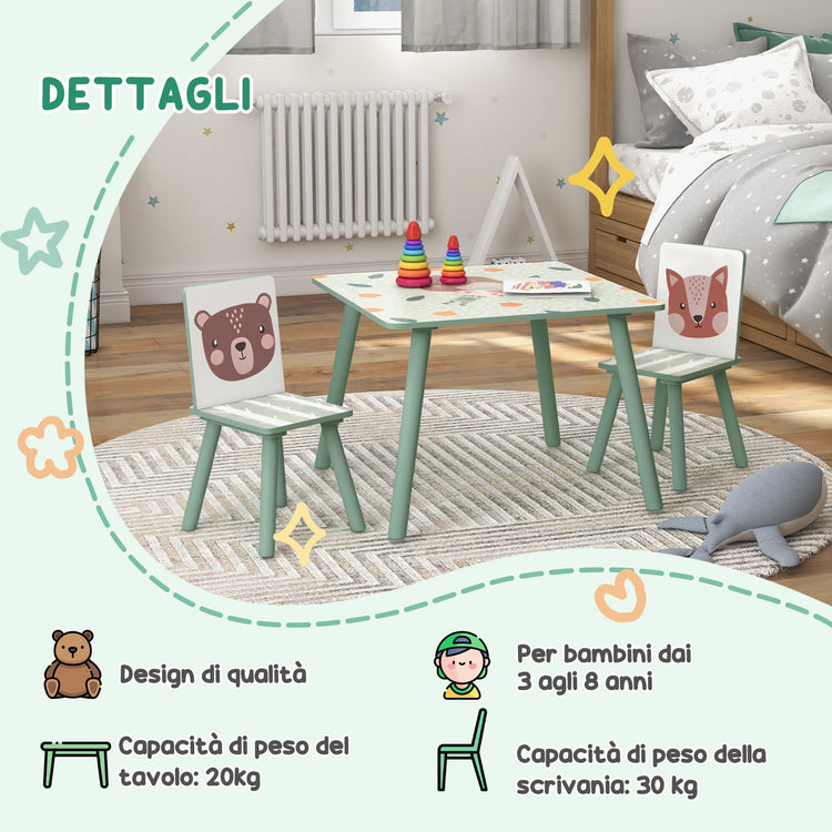 Set Tavolo con 2 Sedie per Bambini in Legno di Pino e MDF Verde