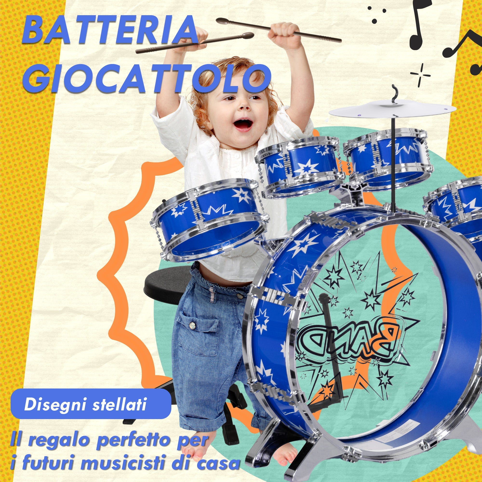 Batteria Musicale Giocattolo per Bambini Grancassa 5 Tamburi e Piatti con Bacchette e Sgabello Blu