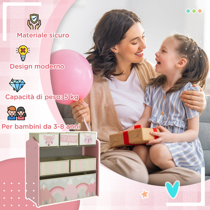 Scaffale Portagiochi per Bambini 63x30x66 cm 6 Contenitore Rimovibili Rosa