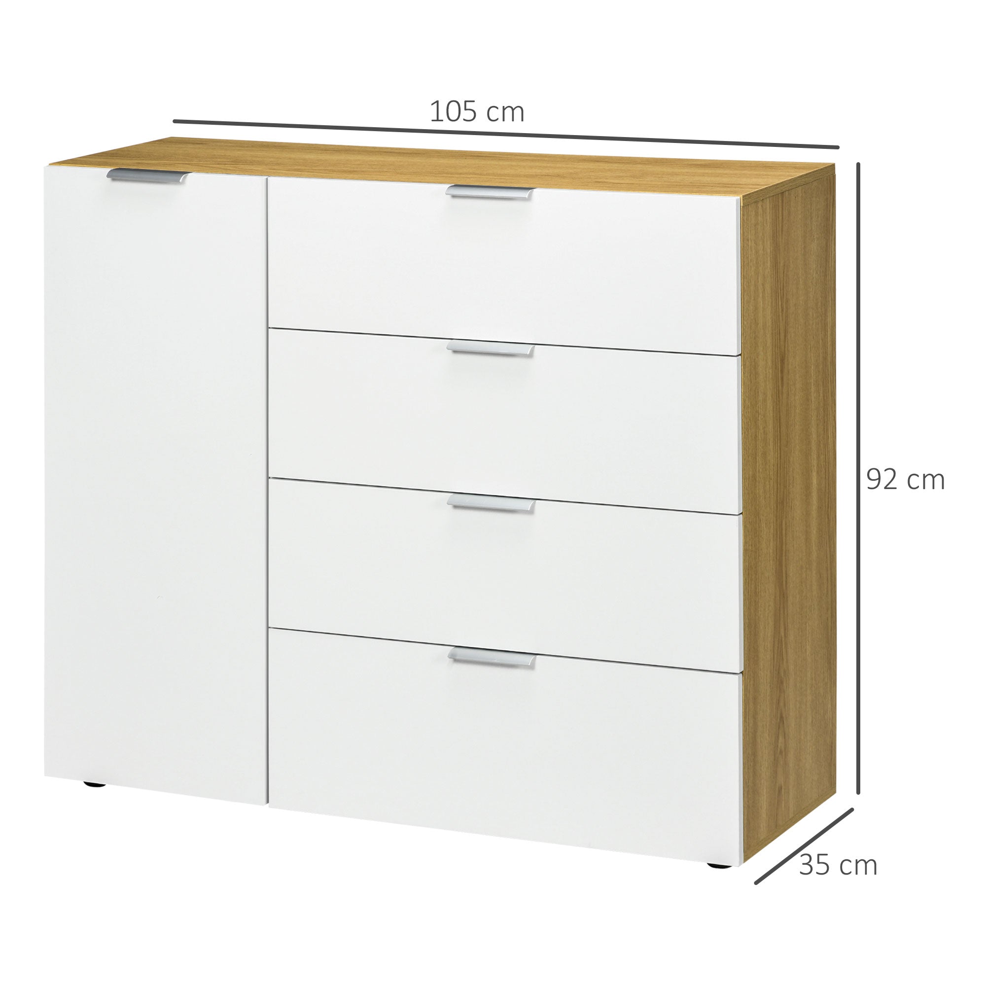 Mobile Multiuso 4 Cassetti 1 Anta 105x35x92 cm in Truciolato Bianco e Legno Naturale