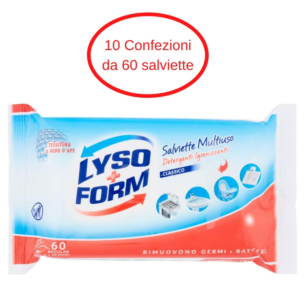 Lyso form salviette igienizzanti detergenti multiuso 10 confezioni da 30x2 salviette