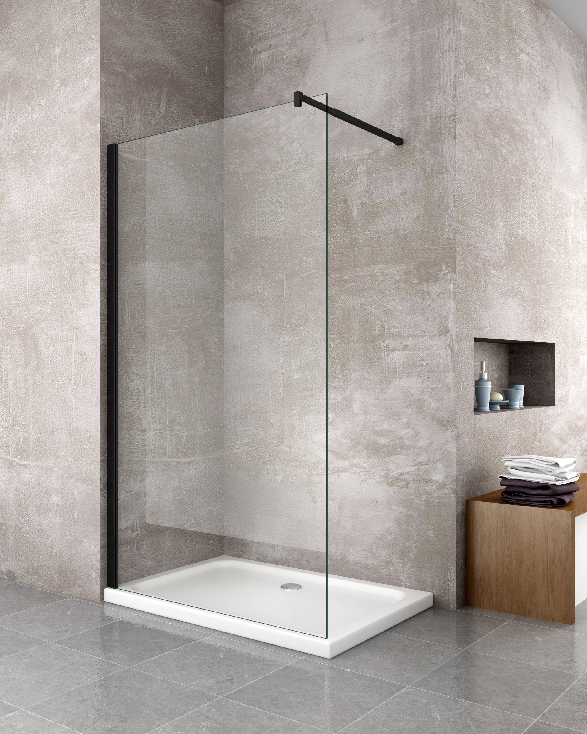 Moderna Parete Doccia Walk-in 8mm con telaio e braccio Nero, Easy-Clean H 200 cm - 98-100