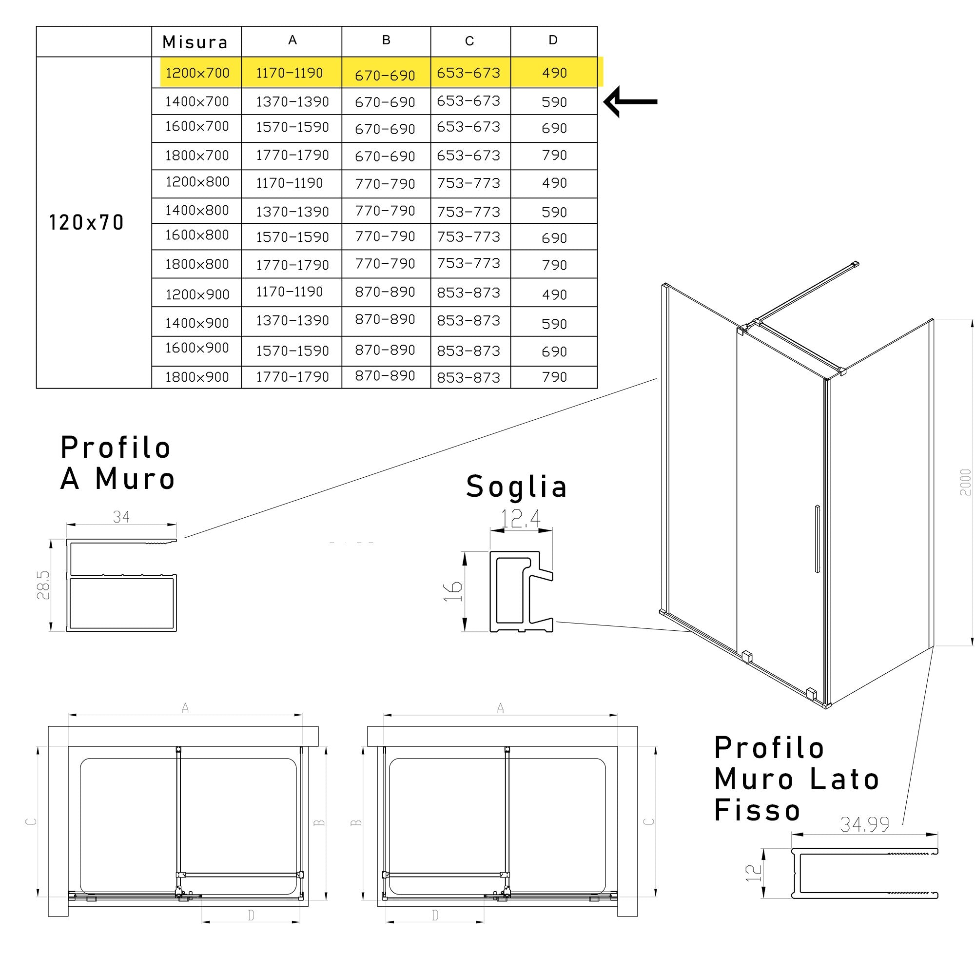 Box Doccia Angolare 70x180 cm 1 anta Scorrevoli senza Profili in Cristallo trasparente 8mm H200 Bonussi Uriel