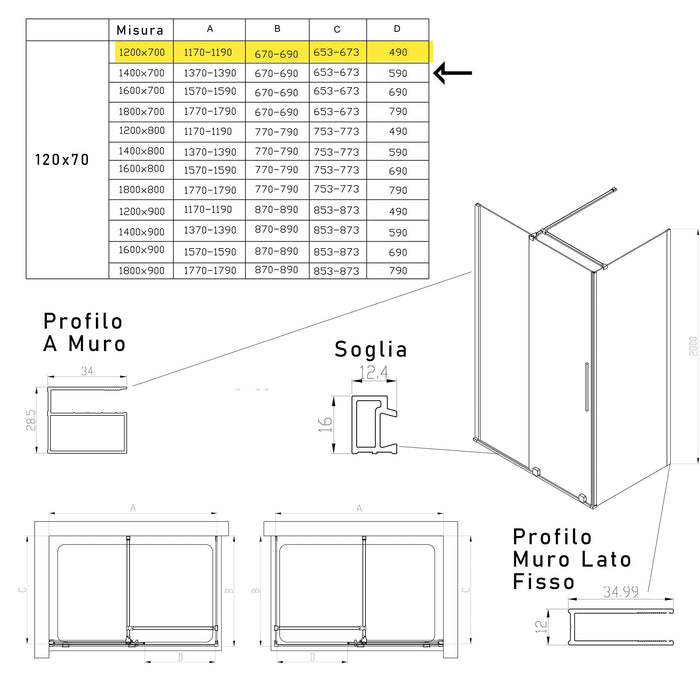 Box Doccia Angolare 70x180 cm 1 anta Scorrevoli senza Profili in Cristallo trasparente 8mm H200 Bonussi Uriel